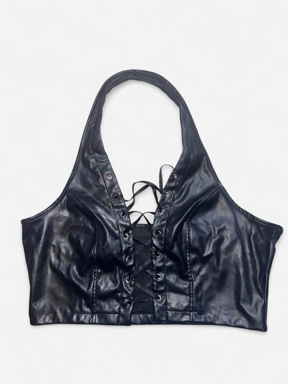 XXXITICAT Black Faux Leather Lace-Up Halter Crop Top Bralette Goth Festival Y2K